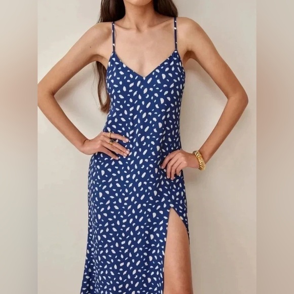 Reformation | Crimini Blue & White Midi Dress Moray - Size 0 - Picture 2 of 7
